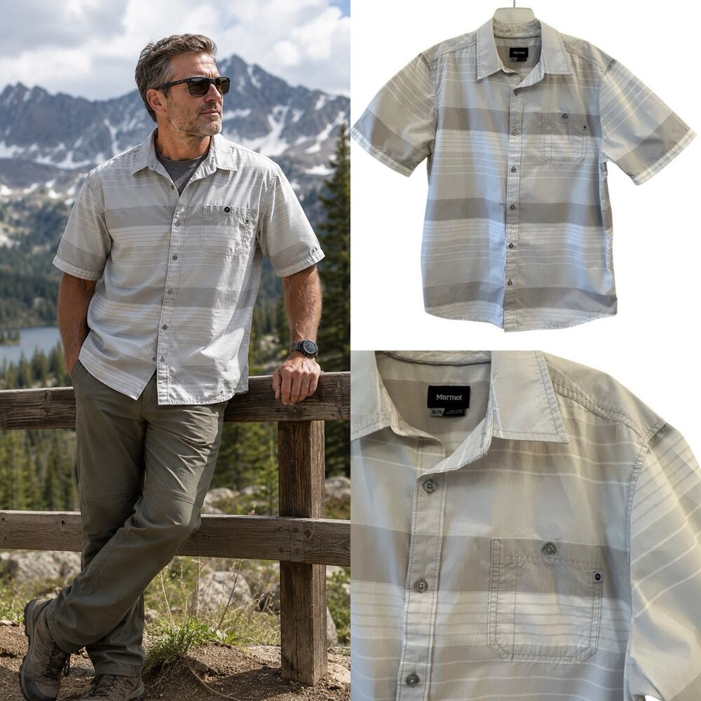 Marmot Men’s XL Gray Striped Button Down Shirt Outdoor Hiking Trail Short Sleeve